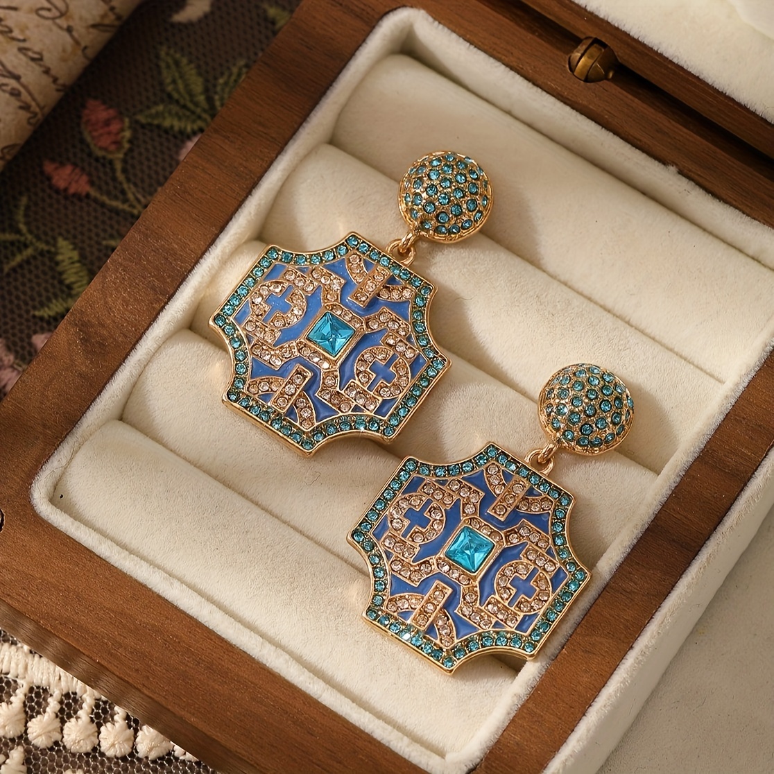 Vintage Plated Dangle Earrings with Rhinestones